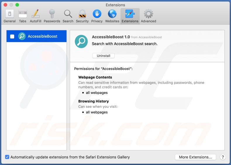 Adware AccessibleBoost instalado en Safari