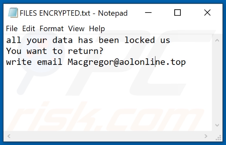 Archivo de texto del ransomware Arena (FILES ENCRYPTED.txt)
