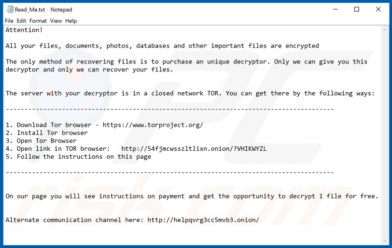 Instrucciones de desencriptado de BitRansomware (Read_Me.txt)