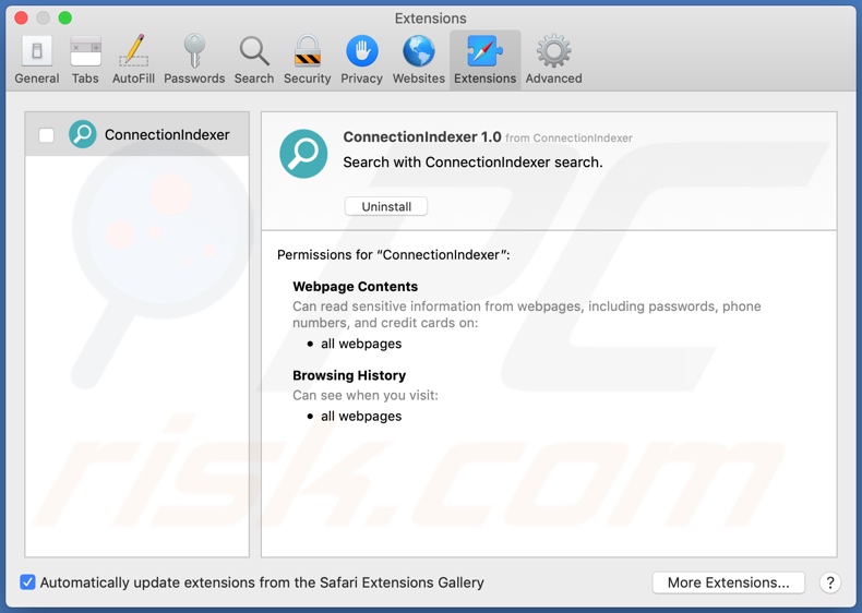 Adware ConnectionIndexer instalado en Safari