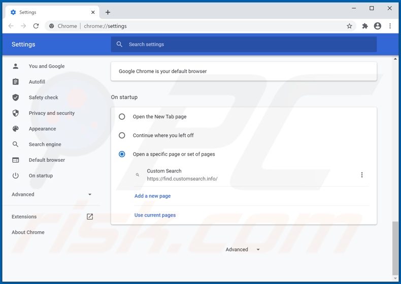 Eliminando customsearch.info de la página de inicio de Google Chrome