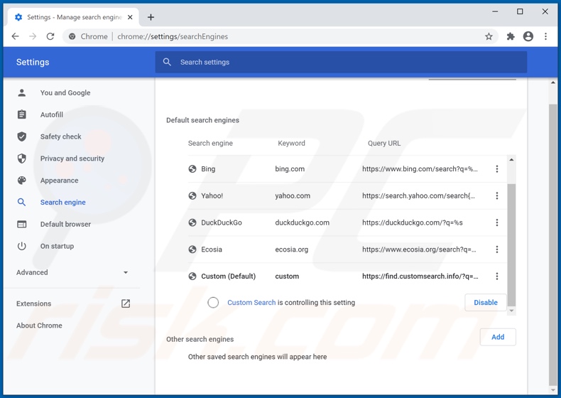 Eliminando customsearch.info del motor de búsqueda predeterminado de Google Chrome