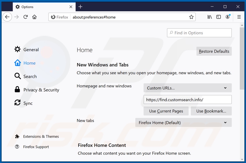 Eliminando customsearch.info de la página de inicio de Mozilla Firefox