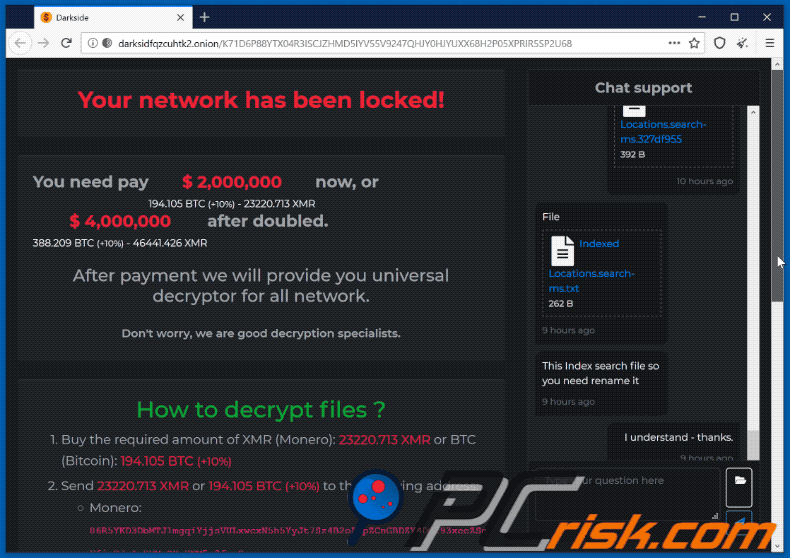 Ransomware DarkSide sitio web en Tor (GIF)