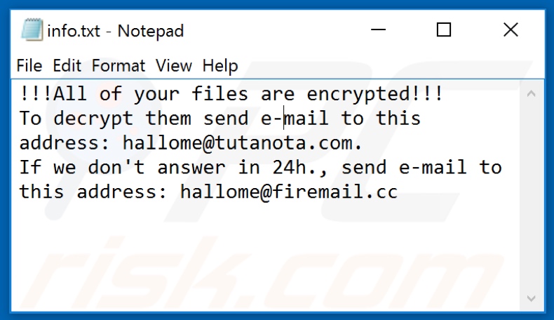 Archivo de texto del ransomware Devoe (info.txt)