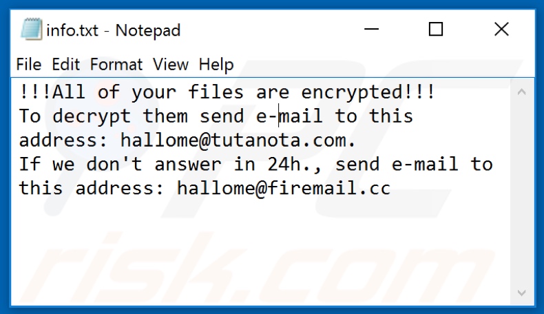 Archivo de texto del ransomware Devoe (info.txt)