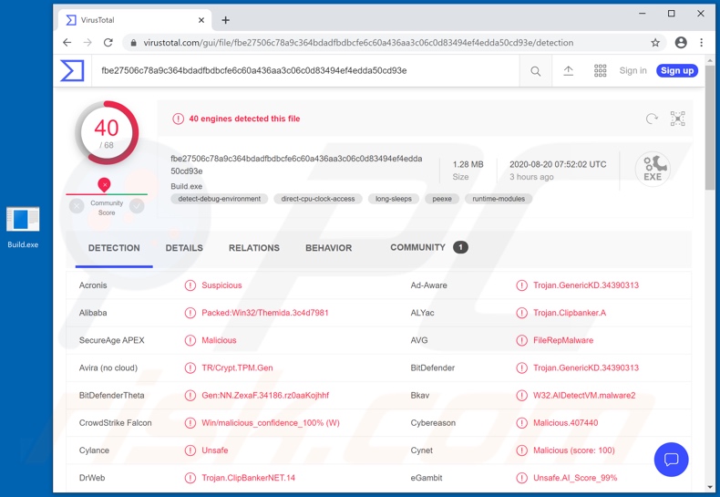 Detecciones del malware E-Clipper en VirusTotal