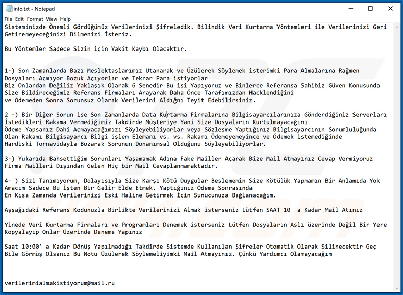 Ransomware Eight info.txt en turco
