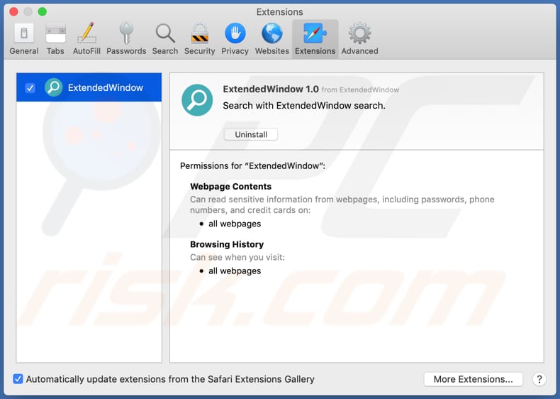 Adware ExtendedWindow instalado en Safari