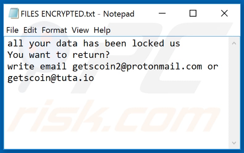 Archivo de texto del ransomware GET (FILES ENCRYPTED.txt)