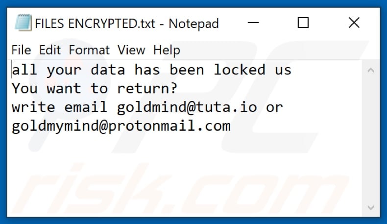 Archivo de texto del ransomware Gold (FILES ENCRYPTED.txt)