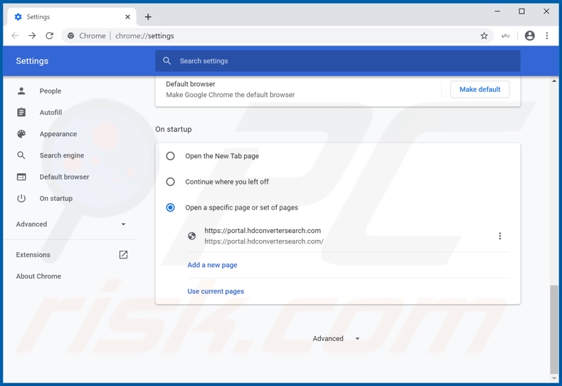 Eliminando hdconvertersearch.com de la página de inicio de Google Chrome