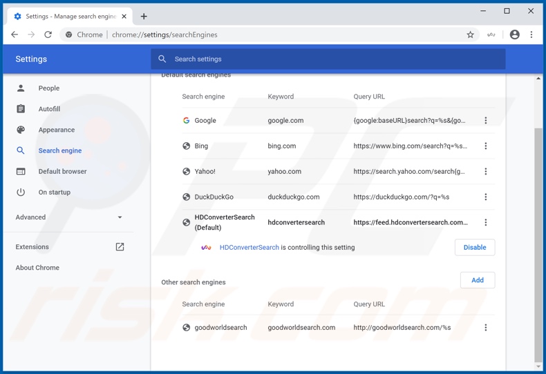 Eliminando hdconvertersearch.com del motor de búsqueda predeterminado de Google Chrome