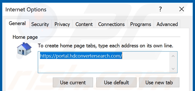 Eliminando hdconvertersearch.com de la página de inicio de Internet Explorer