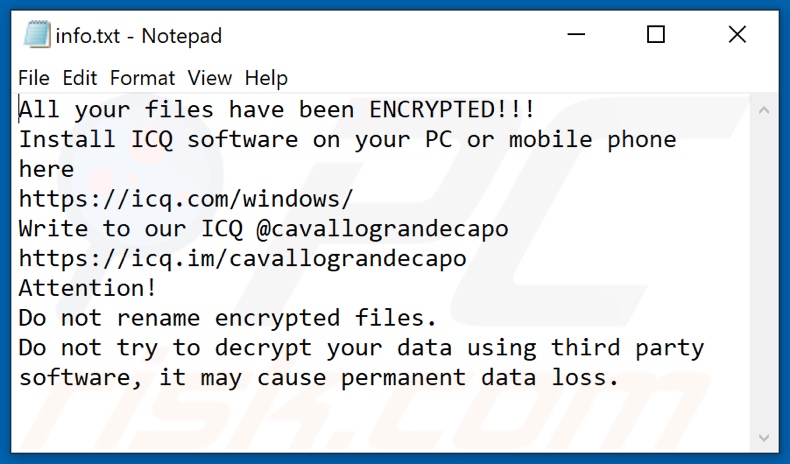 Archivo de texto del ransomware Horse (info.txt)