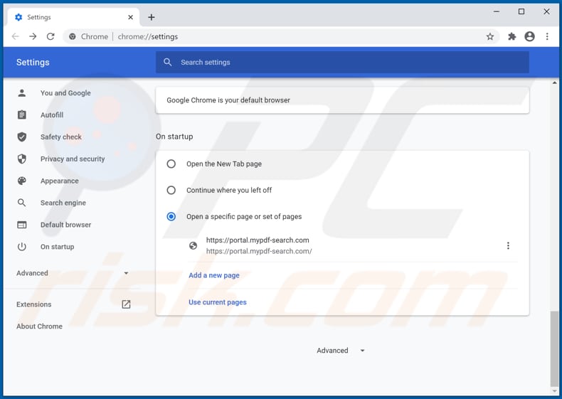 Eliminando mypdf-search.com de la página de inicio de Google Chrome