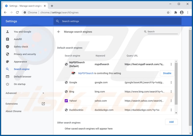 Eliminando mypdf-search.com del motor de búsqueda predeterminado de Google Chrome