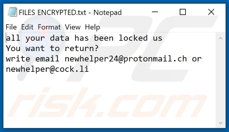 Archivo de texto del ransomware NW24 (FILES ENCRYPTED.txt)