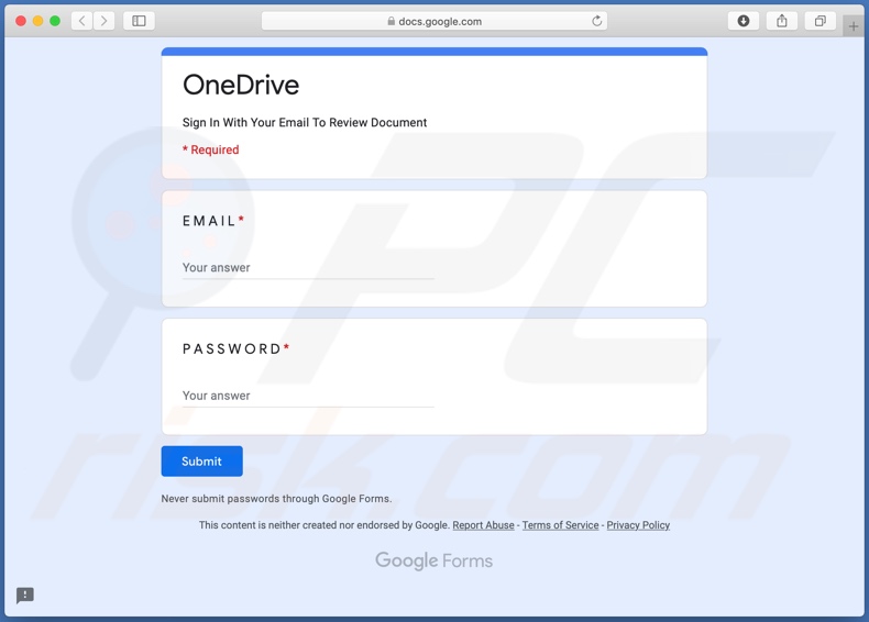 Página falsa de estafa de email de OneDrive que roba las credenciales de la cuenta
