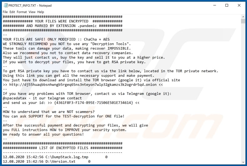 Instrucciones de desencriptado de Pandemic (PROTECT_INFO.TXT)