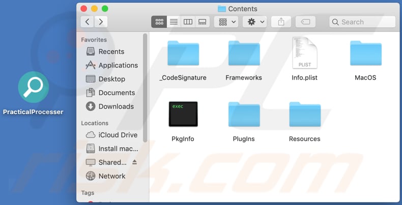 Contenido de la carpeta del adware PracticalProcesser