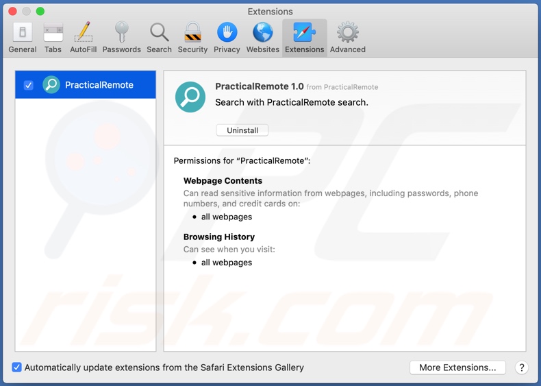 Adware PracticalRemote instalado en Safari