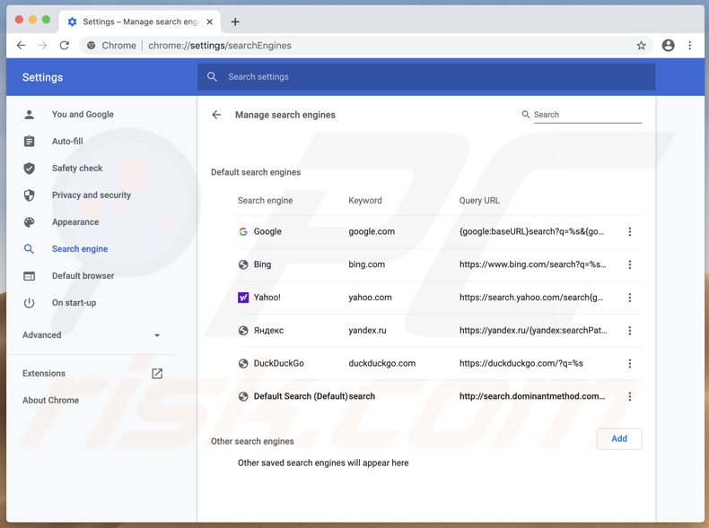 Search.dominantmethod.com configurado como predeterminado por ConnectionIndexer en los navegadores Chrome