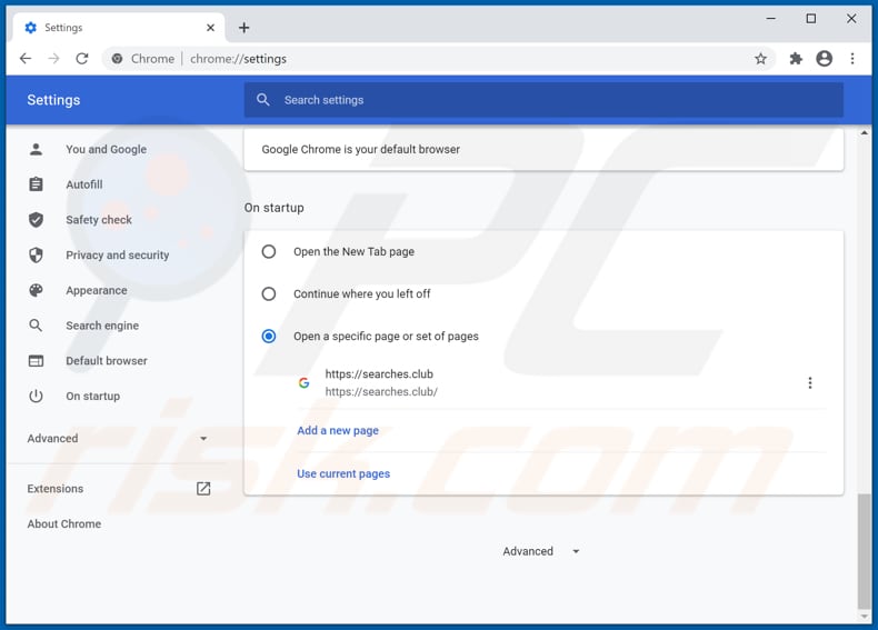 Eliminando searches.club de la página de inicio de Google Chrome
