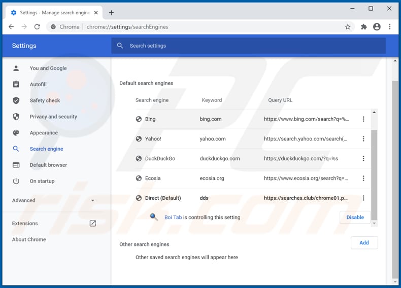 Eliminando searches.club del motor de búsqueda predeterminado de Google Chrome