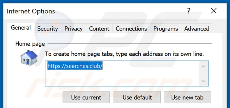 Eliminando searches.club de la página de inicio de Internet Explorer