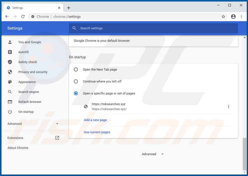 Eliminando toksearches.xyz de la página de inicio de Google Chrome
