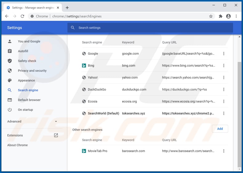 Eliminando toksearches.xyz del motor de búsqueda predeterminado de Google Chrome