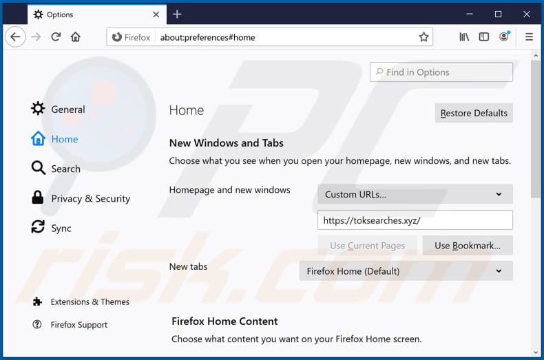 Eliminando toksearches.xyz de la página de inicio de Mozilla Firefox