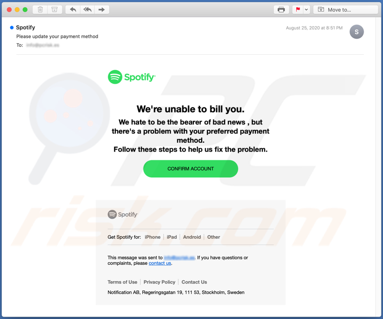 Campaña de spam por correo electrónico de Spotify