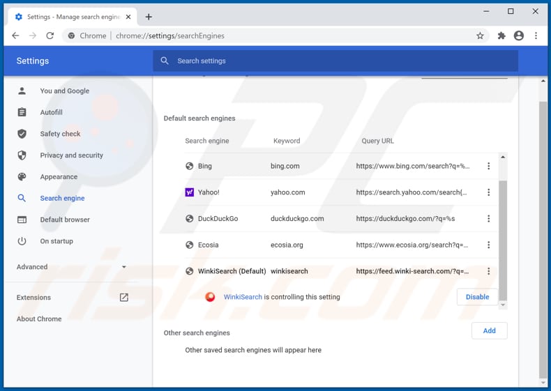 Eliminando winki-search.com del motor de búsqueda predeterminado de Google Chrome