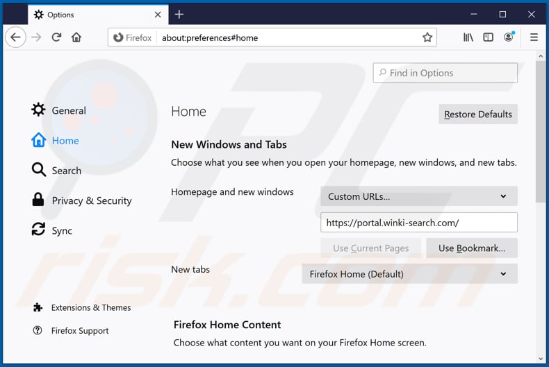 Eliminando winki-search.com de la página de inicio de Mozilla Firefox