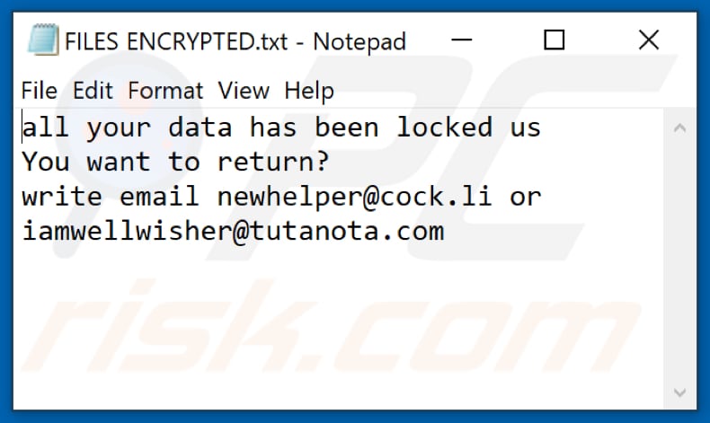 Archivo de texto del ransomware WSHLP (FILES ENCRYPTED.txt)