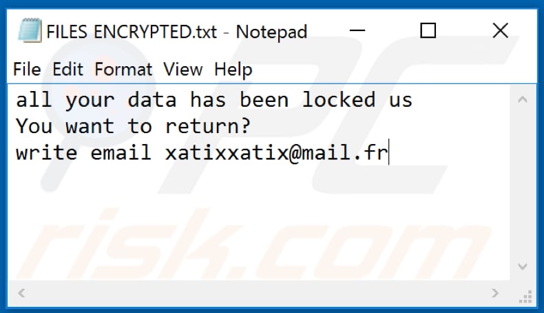 Archivo de texto del ransomware Xati (FILES ENCRYPTED.txt)