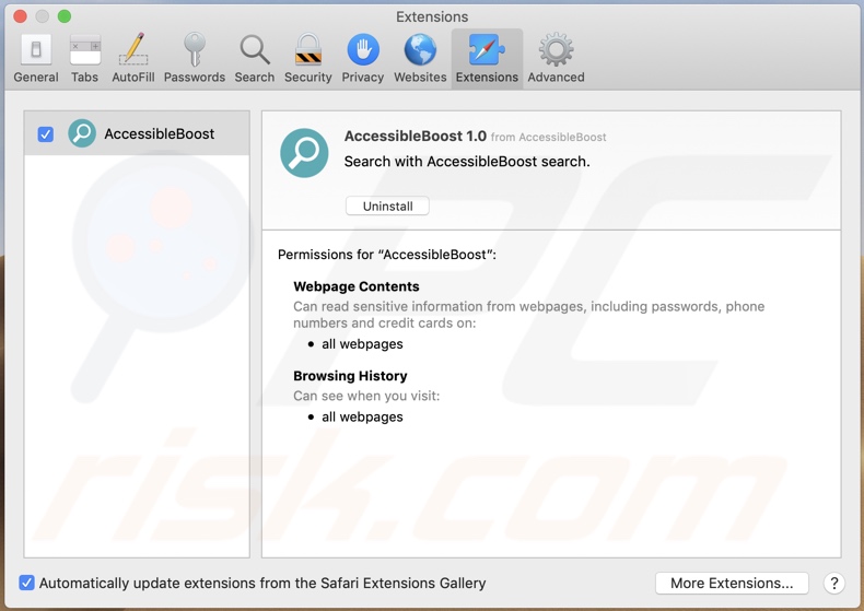 Adware AccessibleBoost instalado en Safari