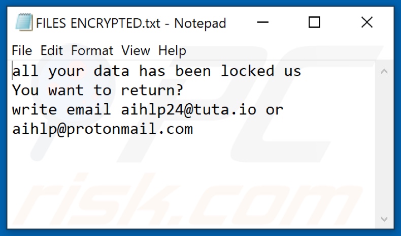 Archivo de texto del ransomware AHP (FILES ENCRYPTED.txt)