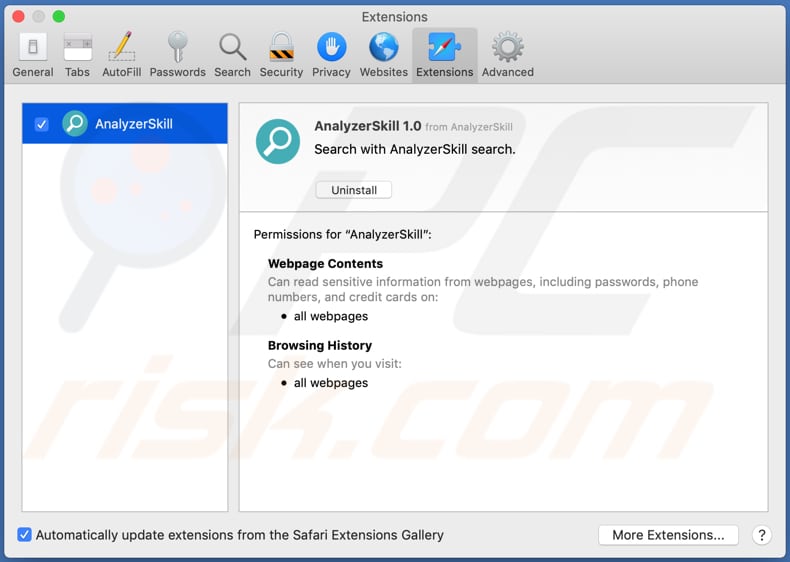 Extensión del adware AnalyzerSkill instalada en Safari