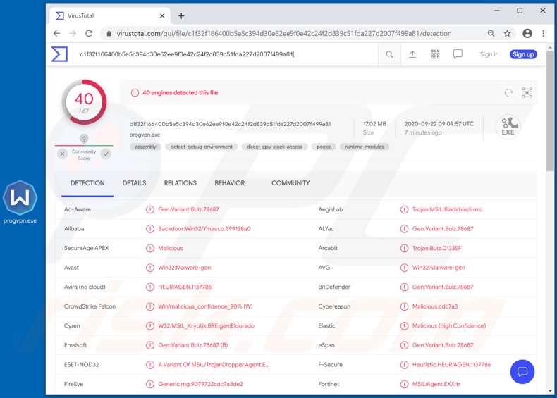 Detecciones de malware BLADABINDI en VirusTotal