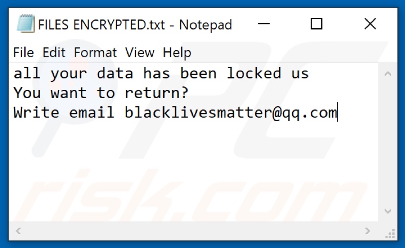 Archivo de texto del ransomware Blm (FILES ENCRYPTED.txt)