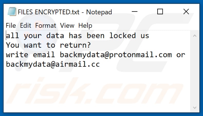 Archivo de texto del ransomware Bmd (FILES ENCRYPTED.txt)