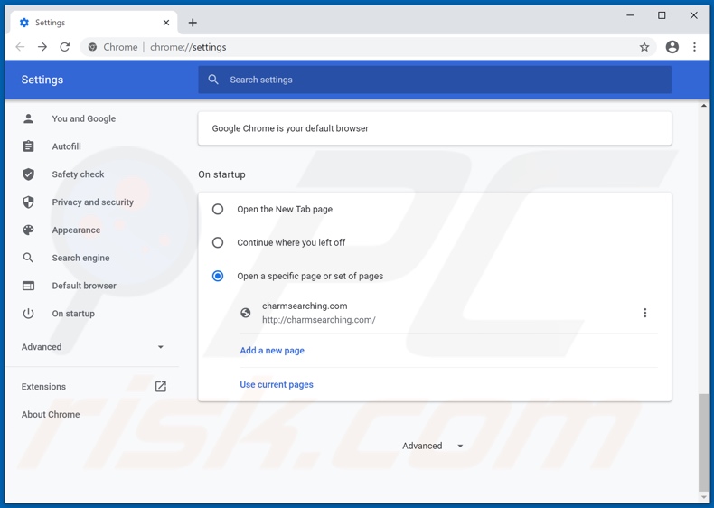 Eliminando charmsearching.com de la página de inicio de Google Chrome