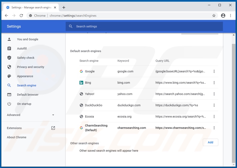 Eliminando charmsearching.com del motor de búsqueda predeterminado de Google Chrome