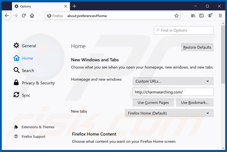 Eliminando charmsearching.com de la página de inicio de Mozilla Firefox