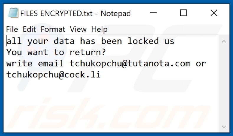 Archivo de texto del ransomware Chuk (FILES ENCRYPTED.txt)