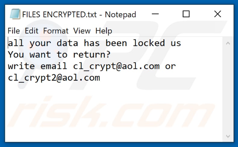 Archivo de texto del ransomware Cl (FILES ENCRYPTED.txt)