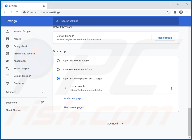 Eliminando cometsearch.info de la página de inicio de Google Chrome